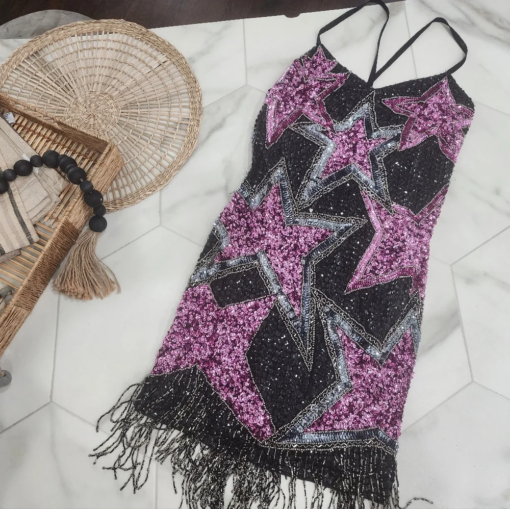 [ NASTY GAL] brand new with tags  Women's size 6- TASSEL  BEADED STAR MINI DRESS - Picture 8 of 16